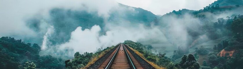Fototapeta premium A serene railway track stretches through a misty landscape, framed by lush hills and clouds, evoking a sense of adventure and tranquility.