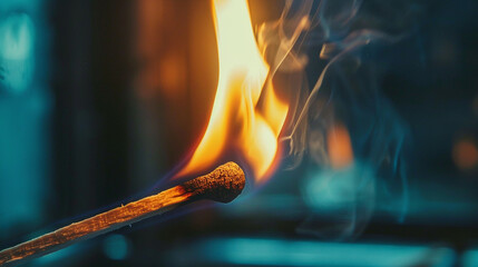 A close up of a matchsticks igniting, with vibrant flames and swirling smoke in a dramatic lighting setting.