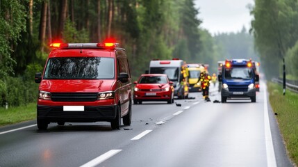 Emergency Response Vehicle at Accident Scene on Road with Firefighters Assisting in Rescue Operation