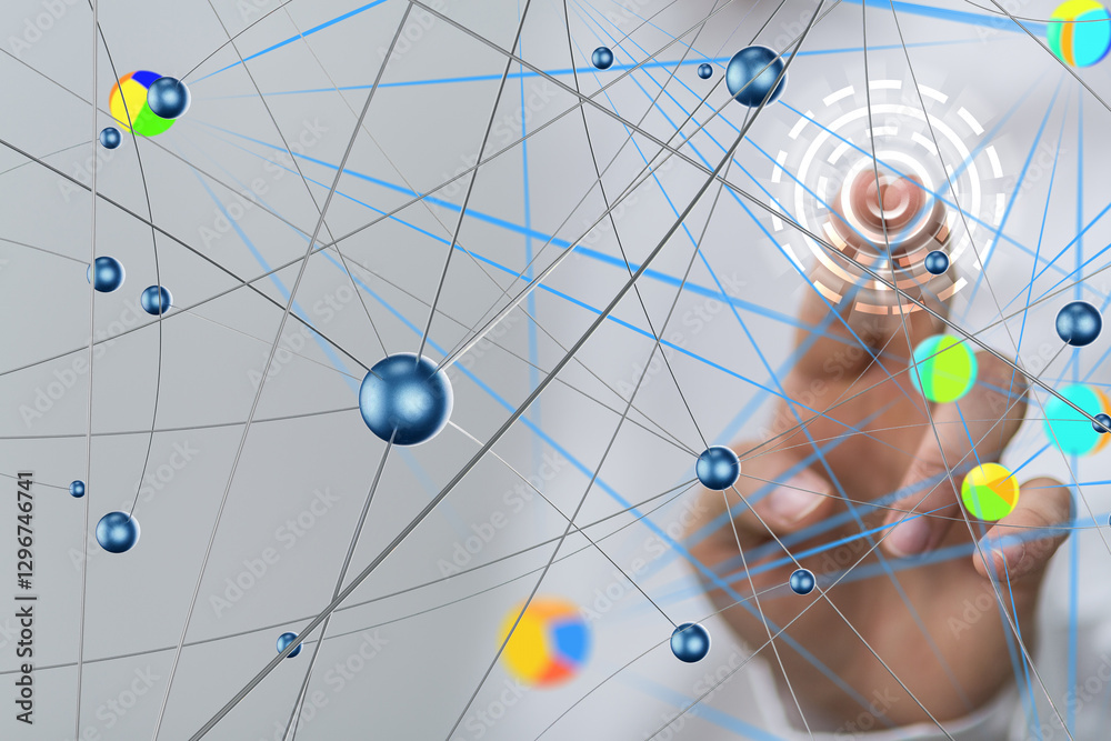 Poster Global network. Blockchain. 3D illustration. Neural networks and artificial intelligence. Abstract