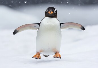 Fototapeta premium Charming Gentoo Penguin Standing in Snowy Landscape with Outstretched Wings Creating a Playful and Joyful Atmosphere in the Arctic Wilderness