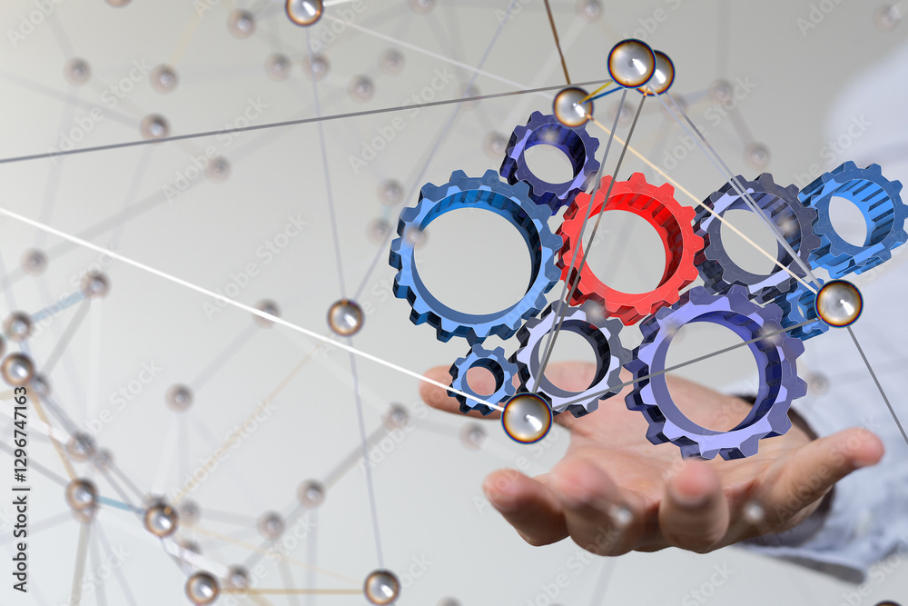 Poster gear system data. Connecting lines and dots.Big data visualization