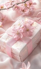 Pink gift box with pink flowers, delicate and elegant style, soft tones, light background, pink cherry blossoms embellished on the surface of exquisite boxes