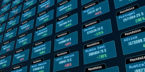 Fototapeta premium Investment, local portfolios of different countries. Stock market, market research, data, portfolio management, trading, wealth, business. 3D illustration