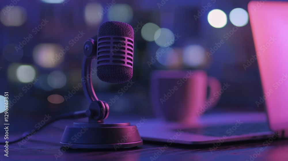 Poster a dynamic shot of a podcast mic with a blurred laptop and coffee cup in the background.