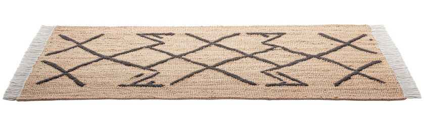 Elegant woven rug with modern geometric design. Natural jute rug featuring a handwoven tribal-inspired geometric pattern in black. Bohemian, rustic, and eco-friendly home decor piece.