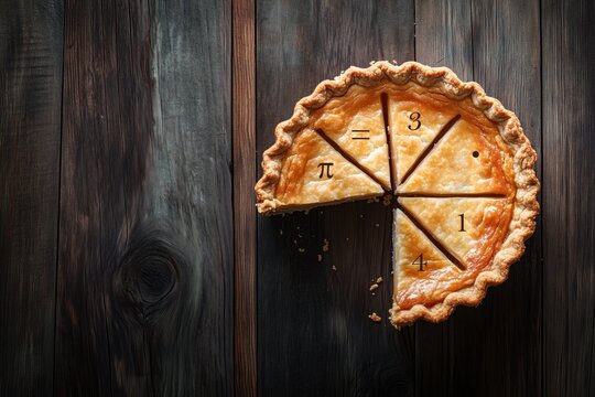 Top view of pie with numbers on the crust in mathematical style against dark wood background with copy space. Happy Pi Day concept.