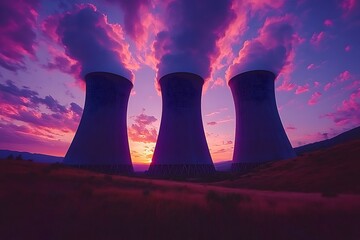 Triple Cooling Towers Sunset Landscape
