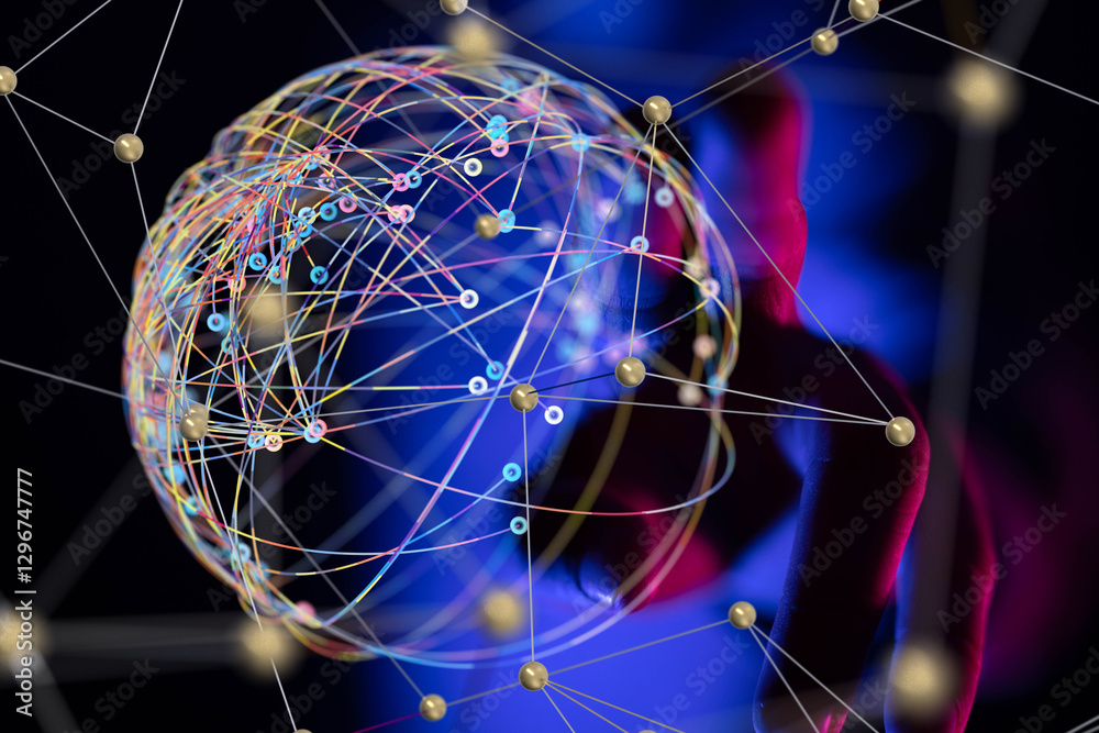 Poster Global network. Blockchain. 3D illustration. Neural networks and artificial intelligence. Abstract