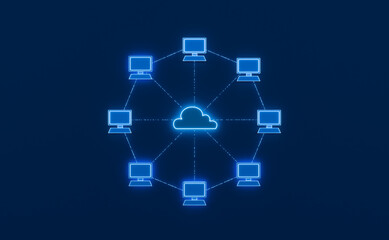 Computer network with a central cloud server. Connection between the cloud and the desktops. System configuration, data transfer, blockchain, software, progress, business.