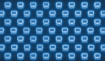 Computer network with desktop PC'S.  System configuration, IT security, cloud computing, data, transfer, digital connections. 3D illustration