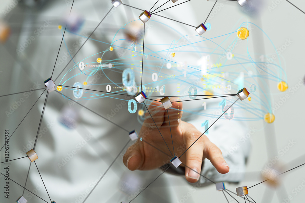 Poster Global network. Blockchain. 3D illustration. Neural networks and artificial intelligence. Abstract  3d