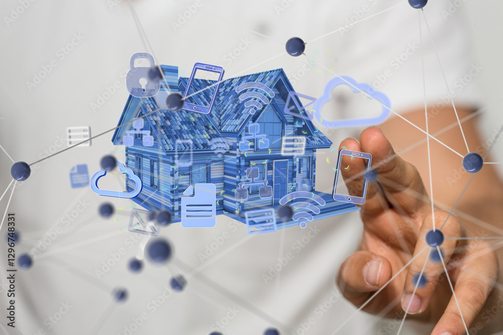 Poster home data. Digital cyberspace with particles and Digital data network connections concept.