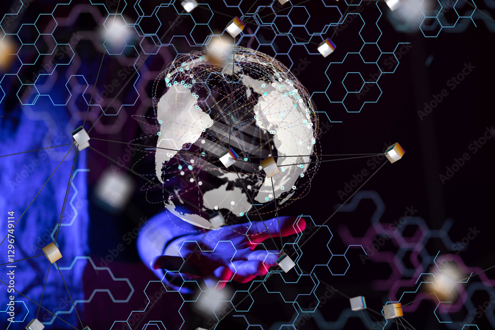 Aufkleber world Global network. Blockchain. 3D illustration. Neural networks and artificial intelligence. Abstract