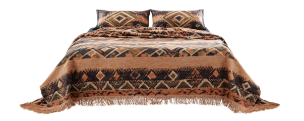 Textured blanket on a cozy bed setting. Stylish bohemian bedspread with intricate tribal geometric patterns in earthy tones, featuring fringe details, ideal for cozy bedroom decor.