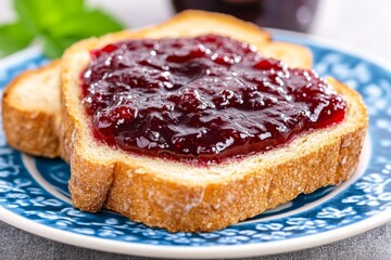 A cozy breakfast table with blackcurrant jam spread over warm toast