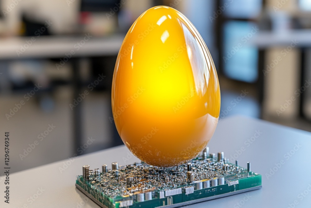 Poster A glowing golden egg yolk floating in a high-tech laboratory experiment
