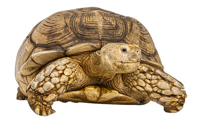Full body shot of an african spurred tortoise, also known as a sulcata tortoise, walking on a transparent background