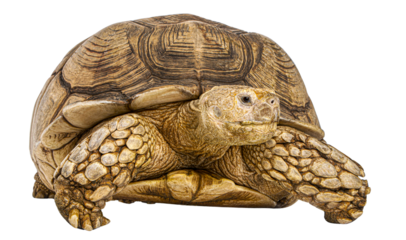 Full body shot of an african spurred tortoise, also known as a sulcata tortoise, walking on a transparent background