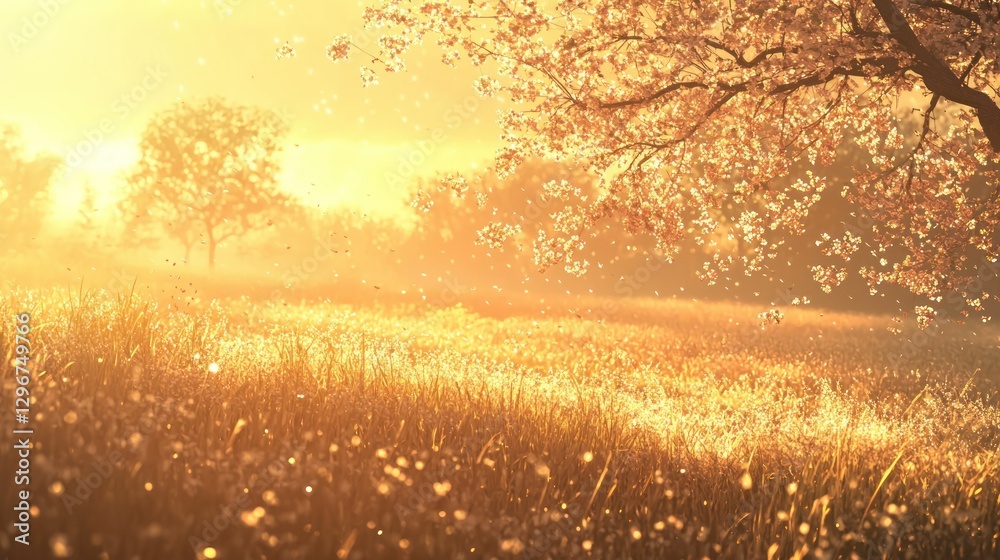 Poster a field of cherry trees at sunrise, with a soft golden glow illuminating the scene.