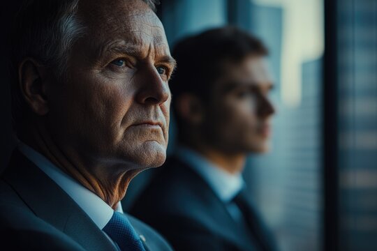 Two pensive businessmen look out a skyscraper window, contemplating their future. - Powered by Adobe