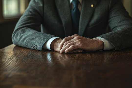 A man in a suit sits with his hands clasped, conveying composure and seriousness.