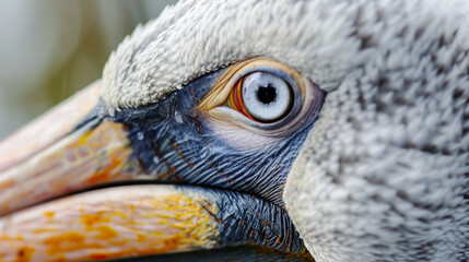 A close up of a pelican's eye and beak, highlighting intricate textures and vibrant details. 