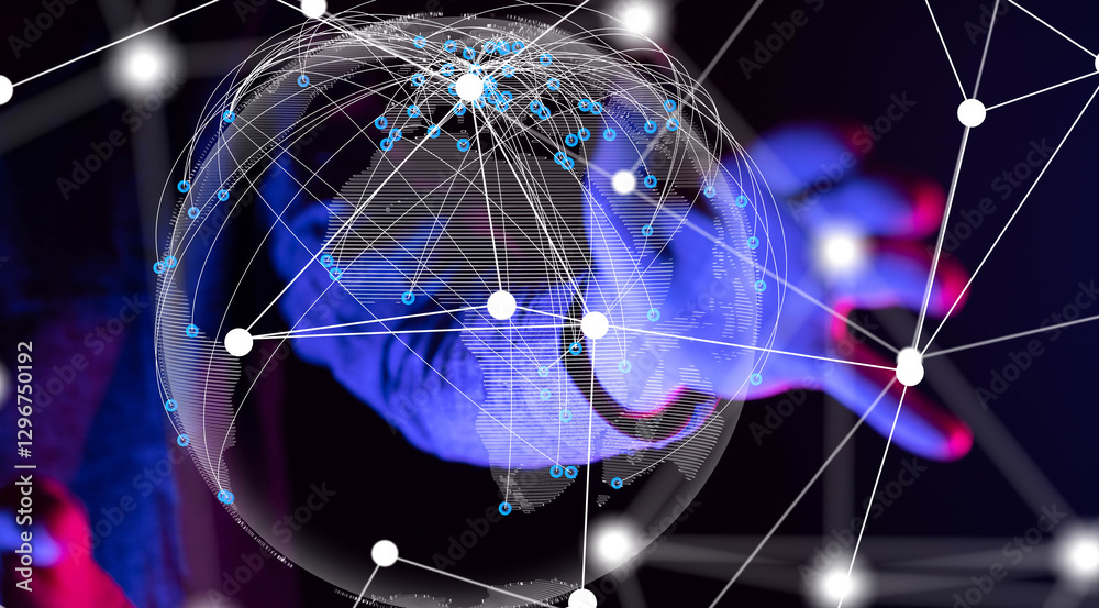 Aufkleber Global network. Blockchain. 3D illustration. Neural networks and artificial intelligence. Abstract