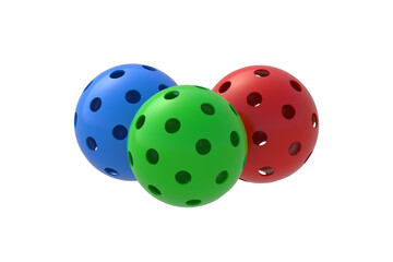 Three pickleball balls isolated on white background. Sports equipment. 3d render