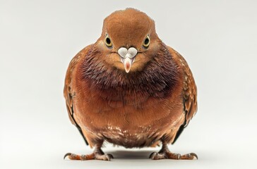 Close-up Image of a Brown Bird with Striking Eyes and Unique Features against a Neutral Gray Background