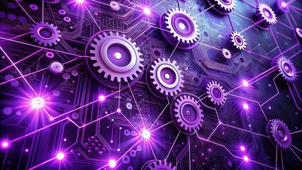 Purple AI System Gear and Digital Connections Conceptual Stock Photo