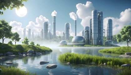 Futuristic factory,lake,trees.Peaceful,clean energy.