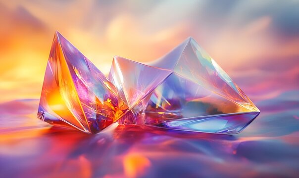 Iridescent crystal formations reflecting colorful sunset skies on glossy surface