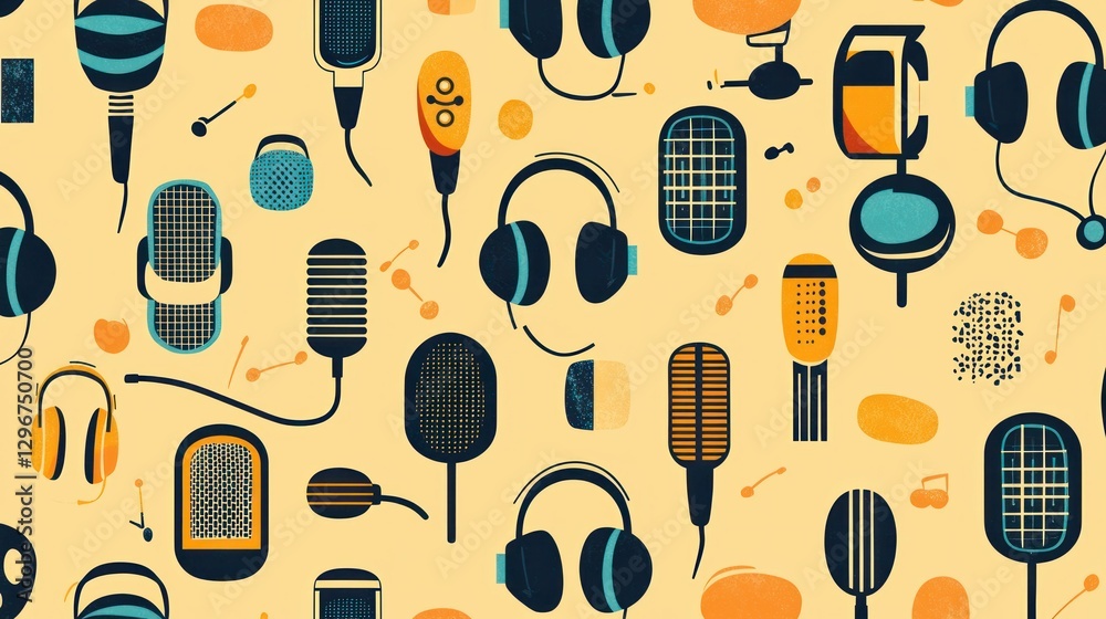 Poster a flat design featuring headphones, microphones, and sound levels in a repeating pattern.
