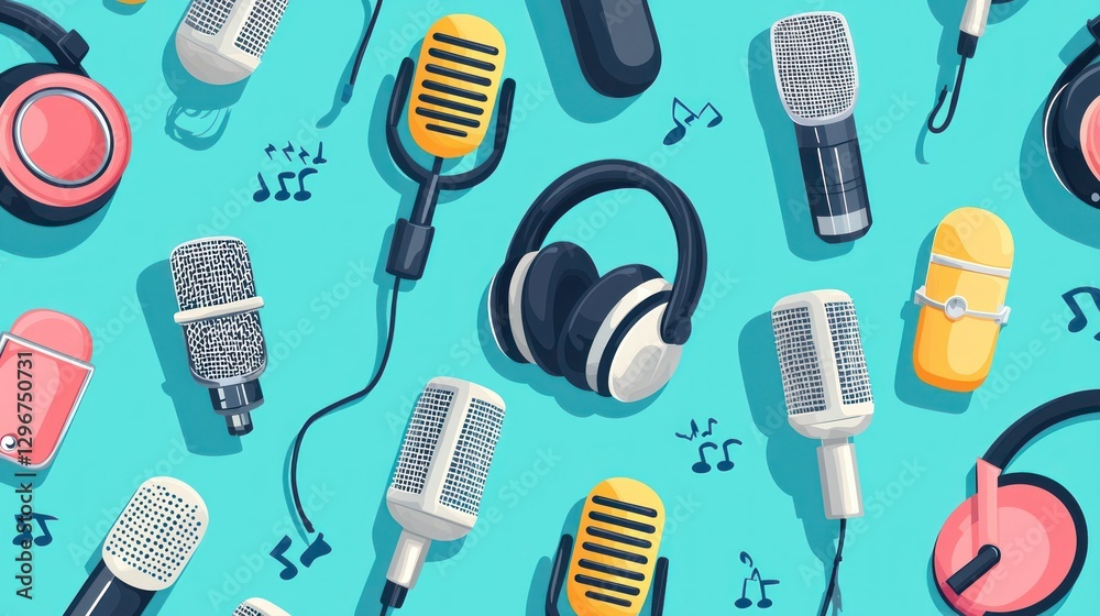 Poster a flat design featuring headphones, microphones, and sound levels in a repeating pattern.