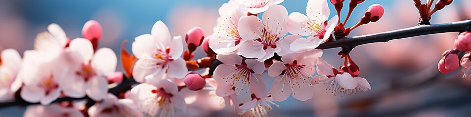 Delicate pink cherry blossoms in full bloom against a soft blue sky.