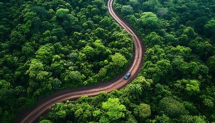 Aerial view of a car driving on a winding dirt road through lush green forest.