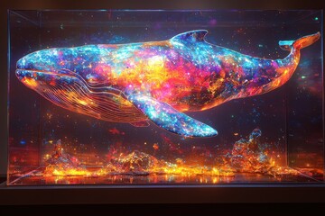 Illuminated holographic whale display with vibrant colors and detailed projection