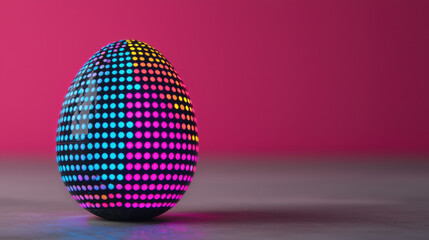 A vibrant, dot-patterned egg stands against a pink background, showcasing colorful lights that create a striking visual effect.