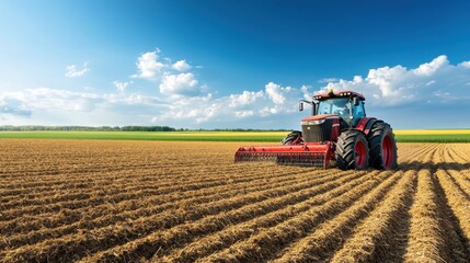 Fototapeta premium Modern Tractor Working on Agricultural Field Under Clear Blue Sky and Bright Sunlight with Lush Green Background