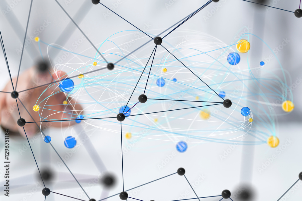 Poster Global network. Blockchain. 3D illustration. Neural networks and artificial intelligence. Abstract