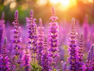 Obraz premium Purple Sage Flowers Field, Summer Violet Flowers Background, Close Up Salvia in Sunlight, Pink Flower Banner