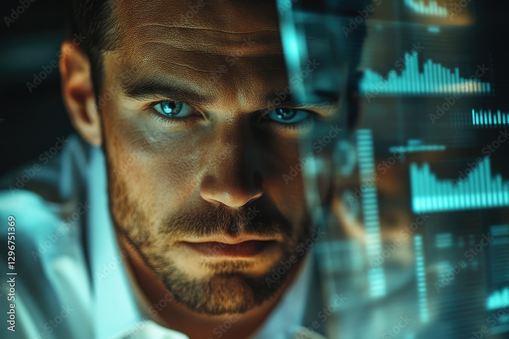 Poster a man intensely focuses on a futuristic, data-rich holographic display, examining complex informatio