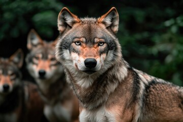 Obraz premium Majestic wolves in forest setting, showcasing their striking fea