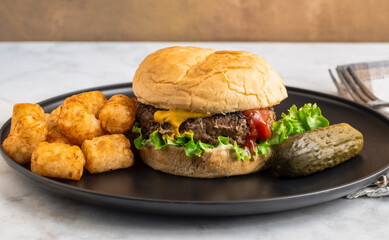 hamburger  with tater tots  and pickle