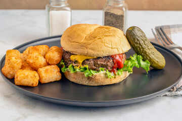 hamburger  with tater tots  and pickle