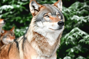Fototapeta premium Majestic wolf stands proudly in snowy landscape, showcasing fur