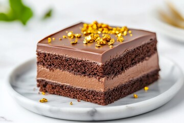 Piece of three chocolate cake with gold sprinkles on top on a marble plate on white table, copy space. Concept Sweet food, food photography, for bakeries and cafes, popular desserts
