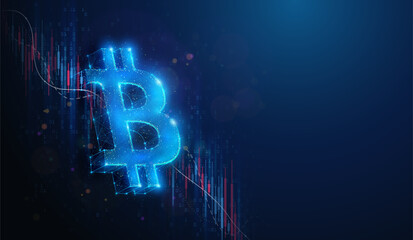 Lowpoly Bitcoin Over Stock Market Crash Chart. Abstract geometric illustration on BTC cryptocurrency rate exchange fall financial concept by wireframe mesh on blue background