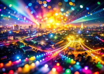 Fototapeta premium Rainbow Bokeh Lights, Disco Party Night, Abstract Background, Drone View, Festive Celebration